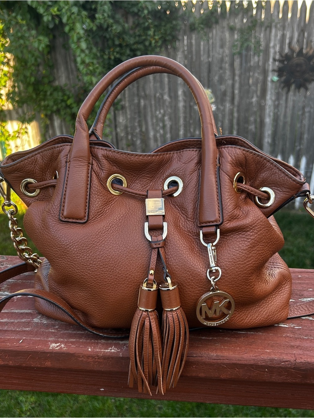 Michael Kors Camden Brown Leather Drawstring Satchel Tassel Chain Shoulder Bag